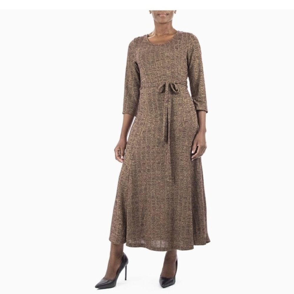 NINA LEONARD Sylvia A-Line Metallic Ribbed Midi Dress,Wine/Gold